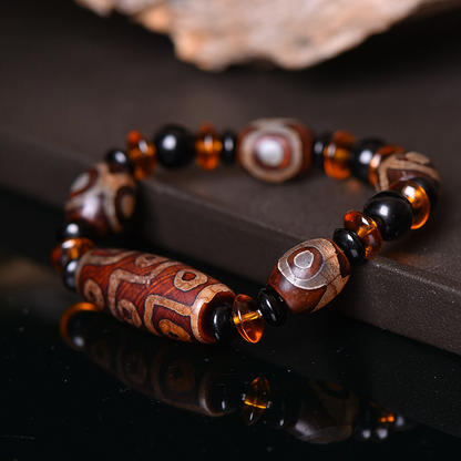 Ancient Tibetan Three-Eye Dzi Bead Bracelet – The Trinity Code of Time, Space, and Consciousness