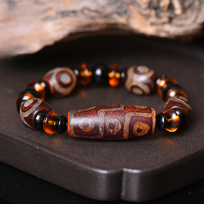 Ancient Tibetan Three-Eye Dzi Bead Bracelet – The Trinity Code of Time, Space, and Consciousness