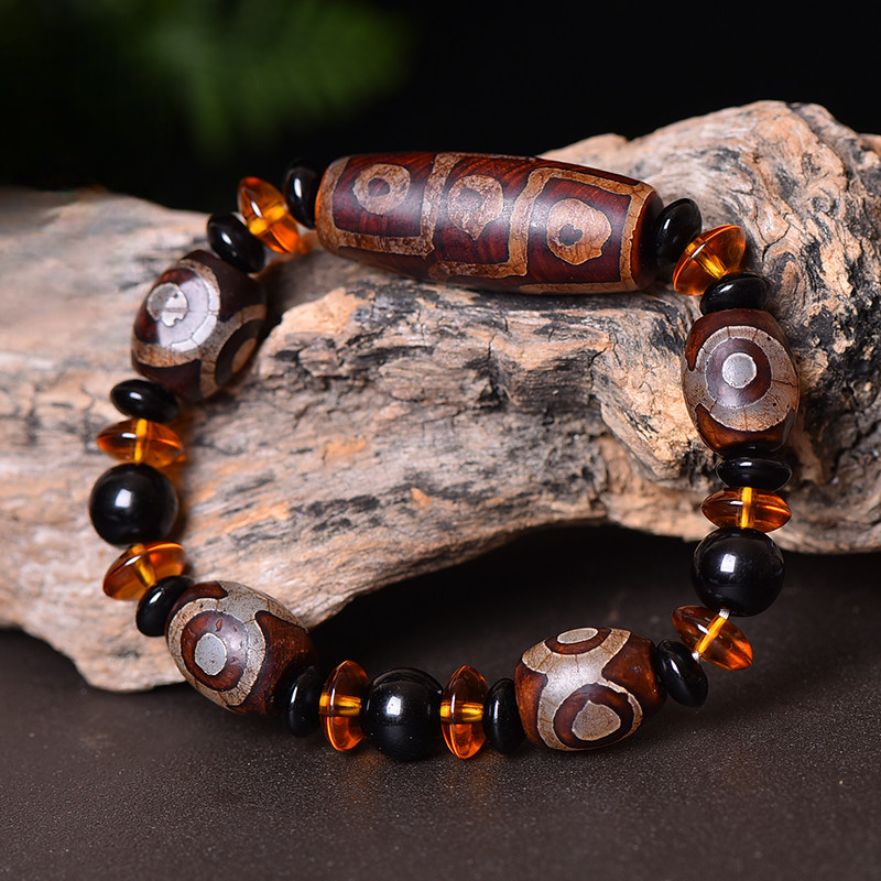 Ancient Tibetan Three-Eye Dzi Bead Bracelet – The Trinity Code of Time, Space, and Consciousness