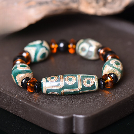 Ancient Tibetan Three-Eye Dzi Bead Bracelet – The Trinity Code of Time, Space, and Consciousness